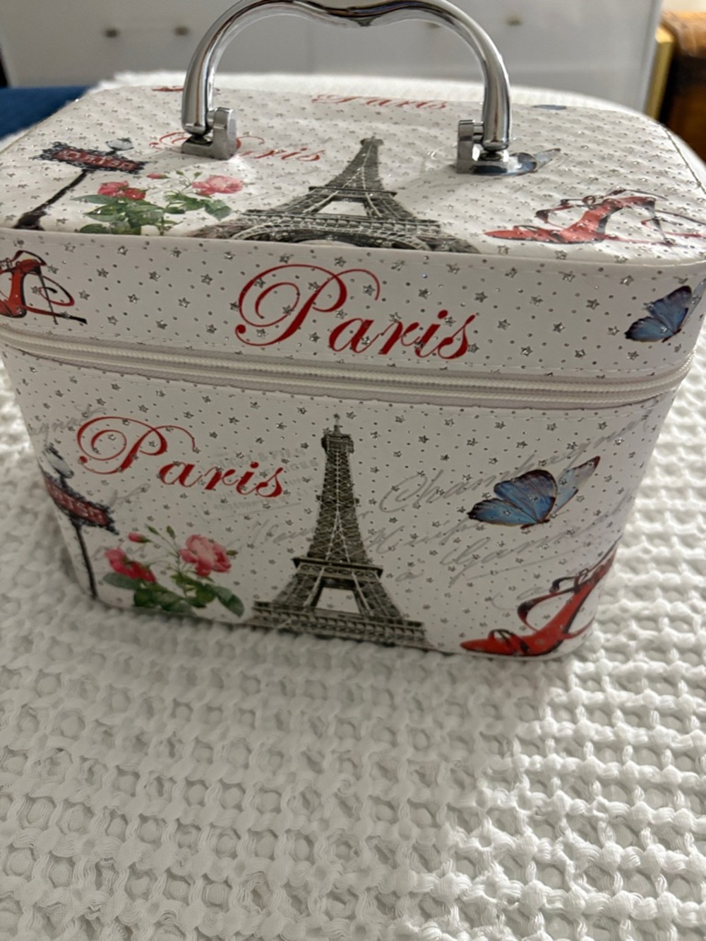 Paris Eiffel Tower Cosmetic Carry Case - White with Red Accents